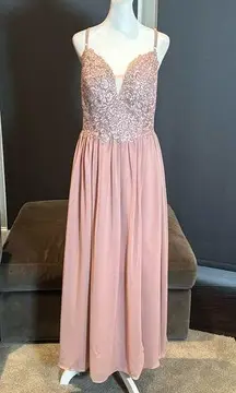 Women’s Pink Chiffon & Lace Appliqué Bridesmaid Dress Zip Up & Leg Slit Size 8