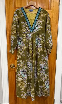 Ro’s Garden Indiana Midi Dress Green Floral 100% Cotton Boho Vacation Resort