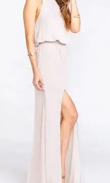 Show Me Your Mumu  Heather Halter Maxi Dress Size Medium Champagne Sheer Skirt