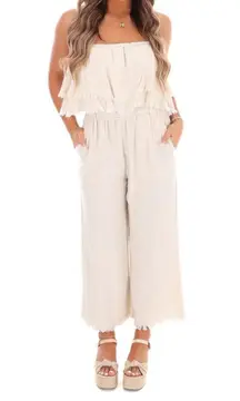 Umgee Losing My Mind Tiered Jumpsuit Beige Linen S