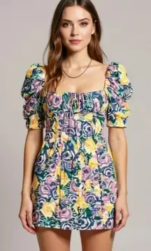 Zara Yellow & Purple Floral Print Corset Style Mini Dress Size Medium