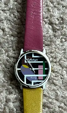 Balagio women’s‎ retro vintage genuine leather pink/yellow adjustable watch
