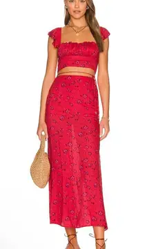 Free People Bijou Skirt Set Cherry Red Floral 2 Pc Smocked Back Ruffle sz 4