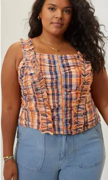 Anthropologie Verb By Pallavi Singhee Ruffled Plaid Top Size XL Smocked Bohemian