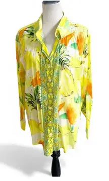 Calypso St Barth Women’s Tropical Button Down Shirt Blouse Fruit & Floral Cotton
