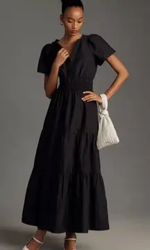 NWT by Anthropologie Somerset Maxi in Black Solid Tiered Cotton Dress 1X