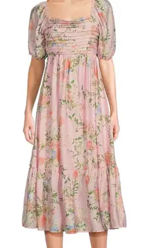 By the‎ River Dress Womens Large Pink Floral Puff Sleeve Tiered Midi Summer Boho