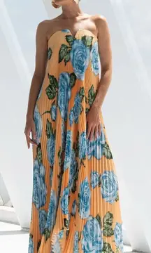 NEW NWT L’IDEE Black Tie Strapless Pleated Maxi Gown In Fleur Bleue Floral Print