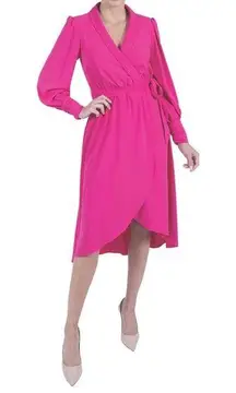 Julian Jordan Long Sleeve Lapel Neck Wrap Midi Dress Raspberry Pink NWT Size 8