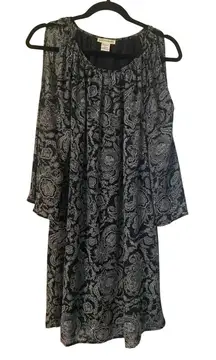 Black Paisley Cold Shoulder Long Sleeve Lined Shift Dress‎ Size 8