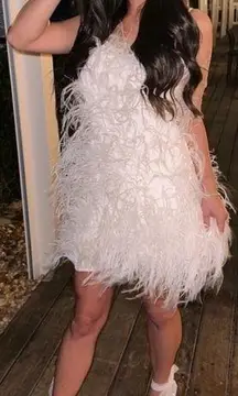 Cult Gaia  Shannon Ostrich Feather Mini Dress in Off White Sz M