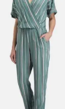 Maje Pandora Woven Stripe Twill Jacquard Jumpsuit Sz 34 / XS / 2 Aqua teal ASO