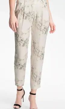 THEORY 100%SILK FLORAL IVORY RELAXED CHINO TAPERED PLEAT PANTS