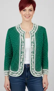 DOREEN LOK Vintage 60s Green Wool White Beads 3/4 Sleeves Cardigan Sweater 36/4