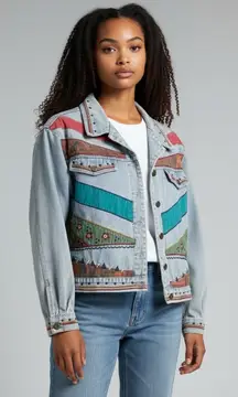 Petite Sophisticate Denim Jacket Southwestern Patchwork Embellished Size S