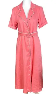 Tuckernuck Salmon Pink Button Down Collared Linen Belted Midi Dress Size Medium