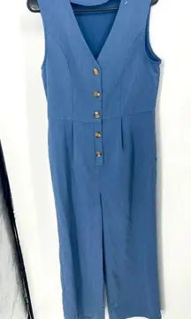 Vintage Blue‎ Sleeveless Jumpsuit V-Neck Button-Front Casual Chic size L