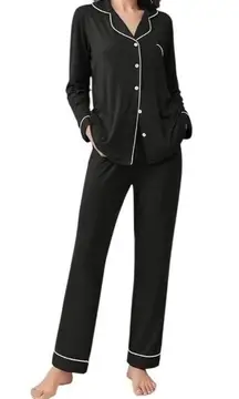 Ekouaer Women’s Size XS Black with White Piping Two Piece PJ Pajama Set