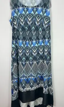 Notations Dress 1X Blue Black Geometric Print High Low Sleeveless Boho‎ Art Deco