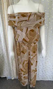 Ava Sky Women's Geometric On Off Shoulder Smocked Waist Wide Leg Midi Jumpsuit M