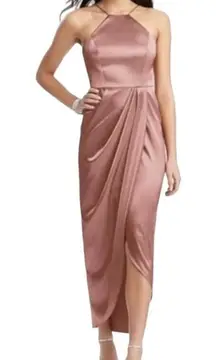 After Six Desert Rose Charmeuse Halter Midi Dress Draped Tulip Skirt 6829 Sz‎ 2R