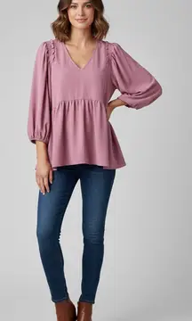 ENTRO V-Neck 3/4 Puff Sleeve Babydoll Peplum Ruffle Top Blouse Barbiecore Size M