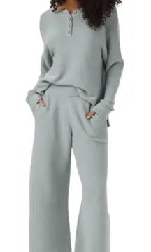 The Normal Brand Helen Henley Wide Leg Pants Thermal Sweater Set Sea Blue XS / S