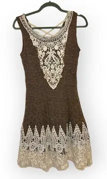 Altar’d State Boho Crochet Lace Knit Dress Brown Beige Fit & Flare Small
