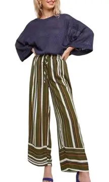 Womens Umgee Wide Leg Striped Pallazo Cropped Drawstring Pull-On Pants - Sz S