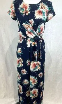 Navy floral burst wrap top cropped jumpsuit with pockets size small
