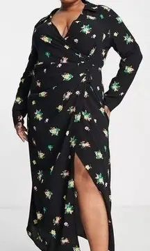 ASOS  DESIGN ruched front button up wrap shirt midi dress in black floral print