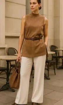 Vince Camuto Suede-Like Taupe Mock Neck Sleeveless Tunic Top Minimalist Chic L