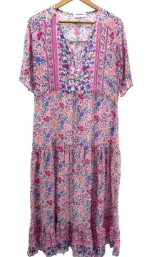 Goodnight Macaroon NWT‎ Boho Floral Midi Dress Pink Purple Size Medium Romantic