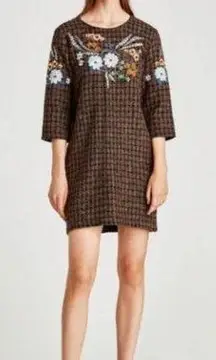 NEW Zara Brown Tweed Floral Embroidered Sequin Shift Mini Dress Small NWT