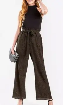 Francescas Julissan Black Top Green Leopard Print Sleeveless Jumpsuit Tie Waist