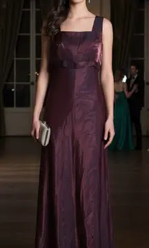 VTG 90s DAVE & JOHNNY Burgundy metallic square neck bow maxi‎ dress gown 11 12