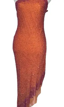 Vintage Scala Silk Beaded Gown Maxi Dress Size S Sequins Mesh Asymmetric Orange
