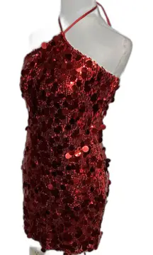 Red Sequin Mini Dress M Cocktail Party Zip Side Stretchy Chic Glam Club Festive