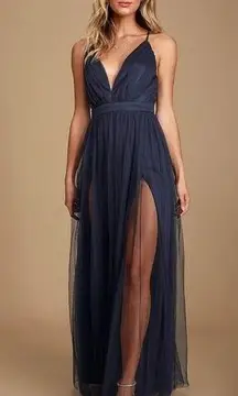 Lulus  Size Small Rare Beauty Navy Blue Tulle Backless Maxi Dress Formal Wedding