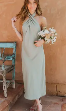 Show Me Your Mumu Jasmine Halter MIDI Dress Moss Green Crisp M
