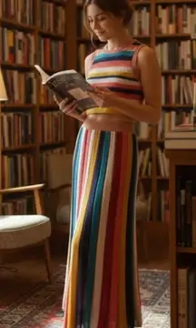 NWT Farm Rio x Anthropologie Petite Jimena Knit Maxi in Rainbow Stripe Skirt LP