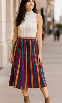 Vintage Stripe Skirt Sz 14 Midi Multi Color Long Pleated Alt Pockets Colorful