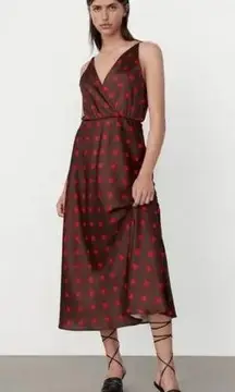 Zara Dress Womens X Small Brown Red Polka Dot Surplice Midi