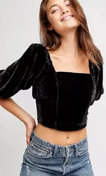 Free People Maria Black Velvet Puff Sleeve Tie Back Crop Top Size XS