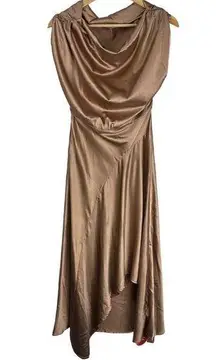 Cider  Women's Asymmetrical Boat Neck Ruffle Maxi Dress Tan Size Medium Party NWT