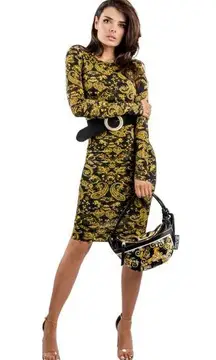 Versace Jeans Couture Black/Gold Barocco Printed Logo Mesh Midi dress size 6