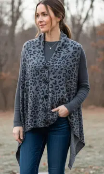 BCBGMaxazria S/M Waterfall Knit Wool Bld Sweater Vest Cardigan Poncho Cheetah