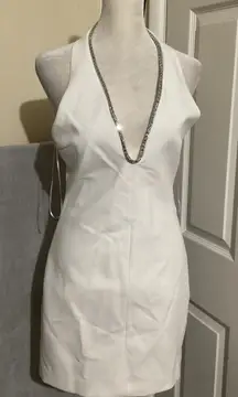 ZARA Flawed White Halter Neck Mini Dress Rhinestone Neckline Chain Detail Size M
