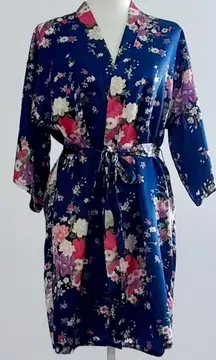 Silky Satin Robe Floral Pattern Kimono Short Dark Blue Size Small