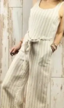 St Tropez West Linen Jumpsuit Wide Leg Crop Tan Cream Stripes Quiet Luxury Sz 8